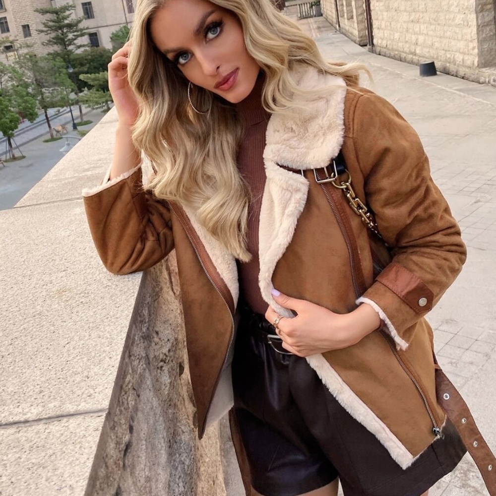 camel  teddy vegan suede belt trench coat jacket - Picture 6 of 6